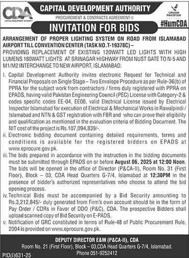 Capital Development Authority Islamabad Tender Notice
